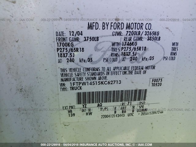 1FTPW14515KC62713 - 2005 FORD F150 SUPERCREW WHITE photo 9