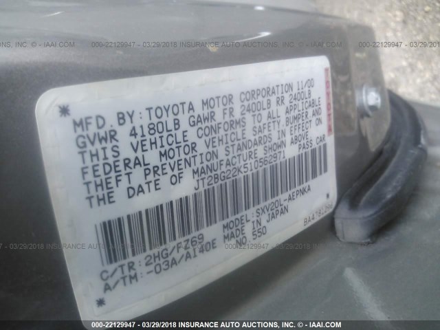 JT2BG22K510562971 - 2001 TOYOTA CAMRY CE/LE/XLE 灰色 照片 9