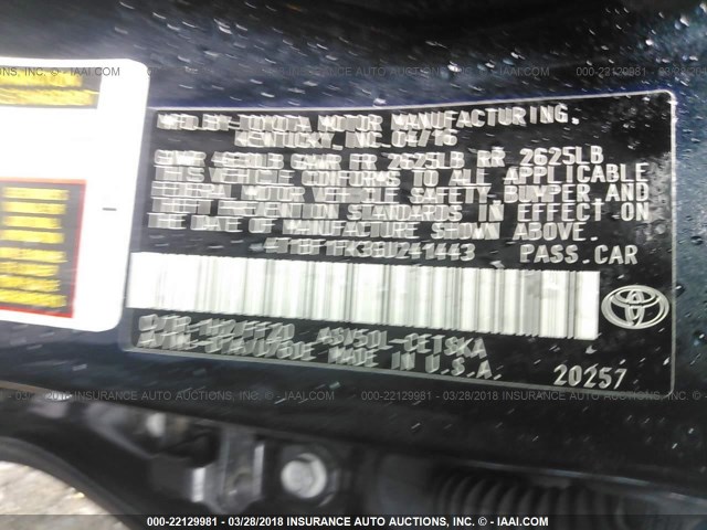 4T1BF1FK3GU241443 - 2016 TOYOTA CAMRY LE/XLE/SE/XSE BLACK photo 9