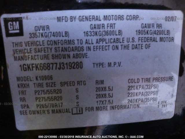 1GKFK66877J319280 - 2007 GMC YUKON XL DENALI BLACK photo 9