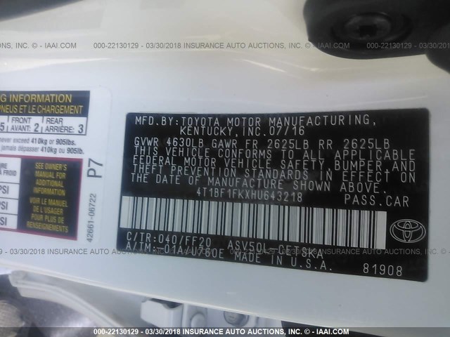 4T1BF1FKXHU643218 - 2017 TOYOTA CAMRY LE/XLE/SE/XSE WHITE photo 9