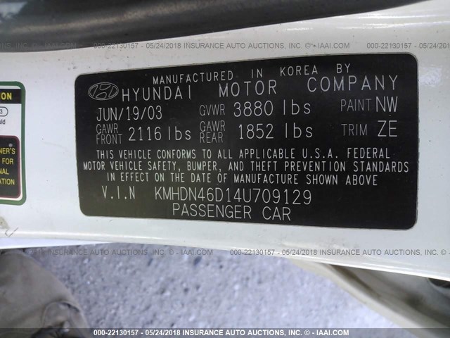 KMHDN46D14U709129 - 2004 HYUNDAI ELANTRA GLS/GT WHITE photo 9