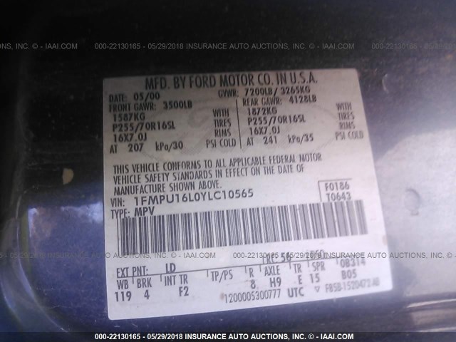 1FMPU16L0YLC10565 - 2000 FORD EXPEDITION XLT Mavi foto 9