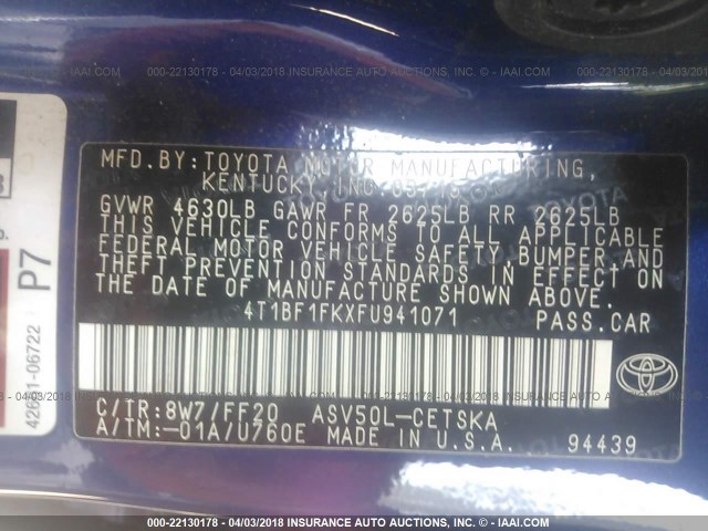 4T1BF1FKXFU941071 - 2015 TOYOTA CAMRY LE/XLE/SE/XSE ლურჯი ფოტო 9