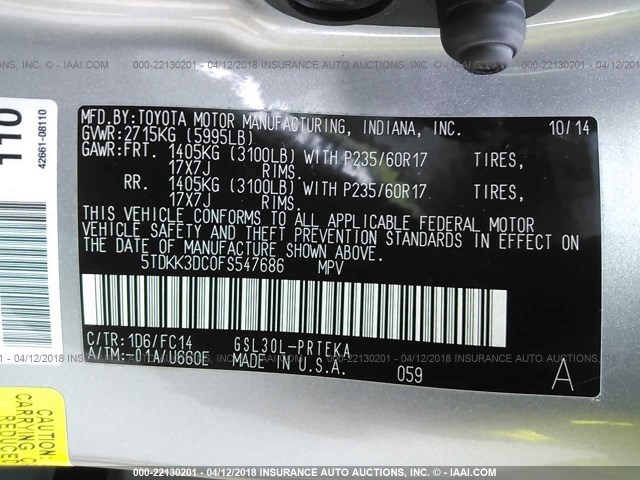 5TDKK3DC0FS547686 - 2015 TOYOTA SIENNA LE SILVER photo 9