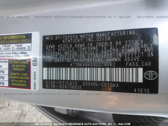 4T1BK46KX9U079262 - 2009 TOYOTA CAMRY SE/LE/XLE SILVER photo 9