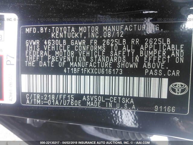 4T1BF1FKXCU616173 - 2012 TOYOTA CAMRY SE/LE/XLE BLACK photo 9