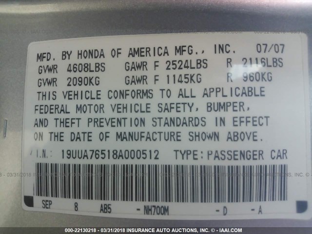 19UUA76518A000512 - 2008 ACURA TL TYPE S SILVER photo 9