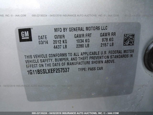 1G11B5SLXEF257537 - 2014 CHEVROLET MALIBU LS SILVER photo 9