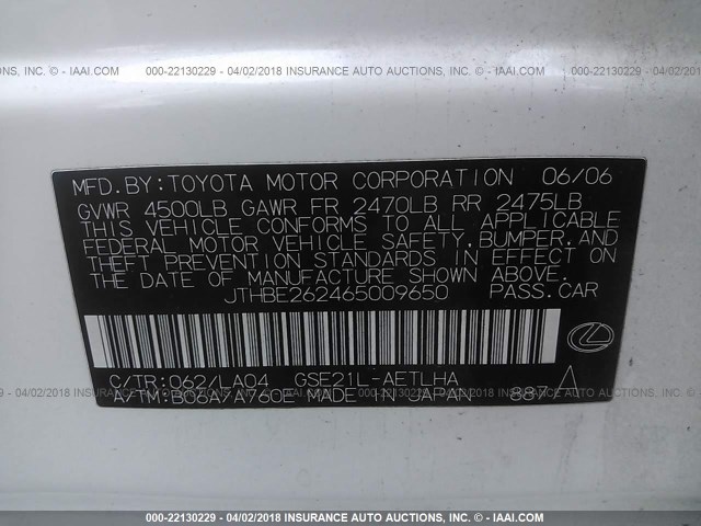 JTHBE262465009650 - 2006 LEXUS IS 350 WHITE photo 9