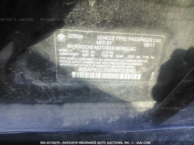 WBAPK5G56BNN30046 - 2011 BMW 328 XI SULEV BLACK photo 9