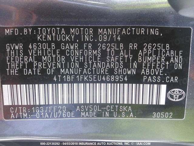 4T1BF1FK5EU468954 - 2014 TOYOTA CAMRY L/SE/LE/XLE GRAY photo 9