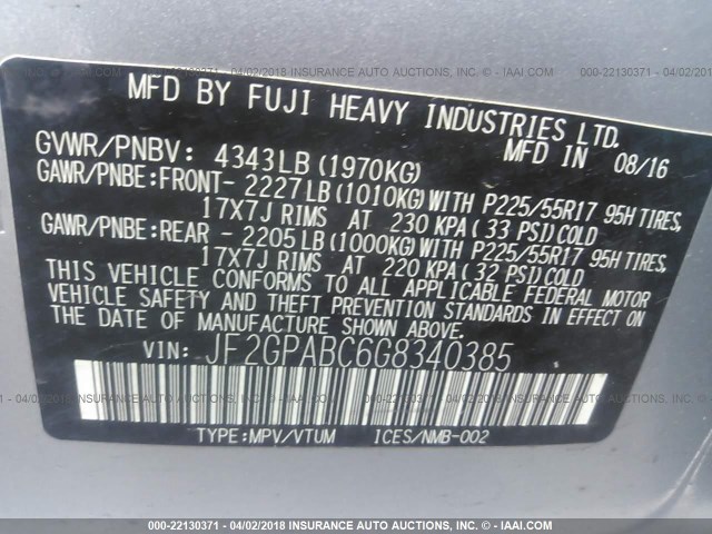 JF2GPABC6G8340385 - 2016 SUBARU CROSSTREK PREMIUM ღია ლურჯი ფოტო 9