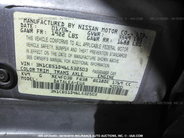 3N1CB51D46L532503 - 2006 NISSAN SENTRA 1.8/1.8S Champagne photo 9