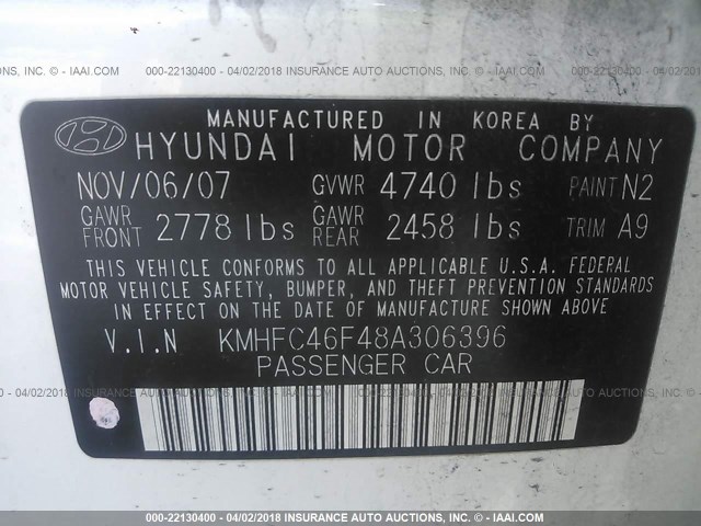 KMHFC46F48A306396 - 2008 HYUNDAI AZERA SE/LIMITED WHITE photo 9