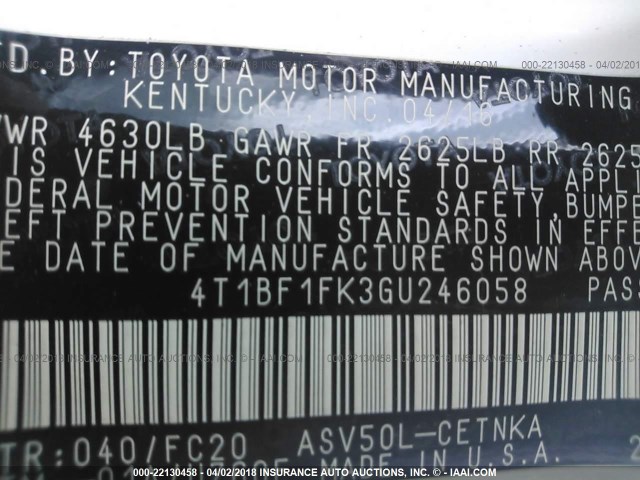 4T1BF1FK3GU246058 - 2016 TOYOTA CAMRY LE/XLE/SE/XSE WHITE photo 9