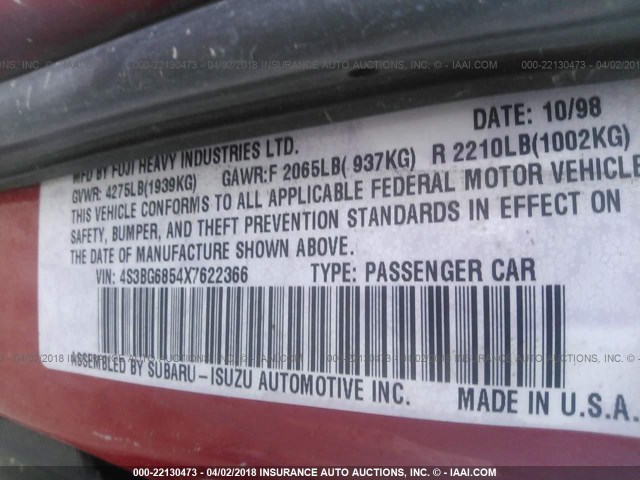 4S3BG6854X7622366 - 1999 SUBARU LEGACY OUTBACK/SSV/LIMITED/30TH RED photo 9