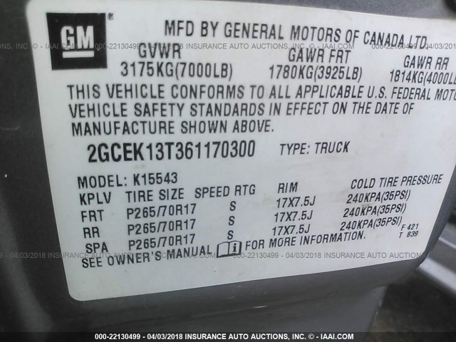 2GCEK13T361170300 - 2006 CHEVROLET SILVERADO K1500 GRAY photo 9