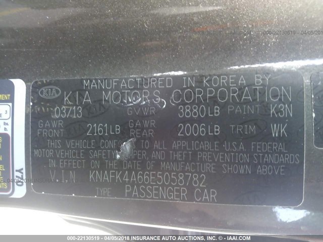 KNAFK4A66E5058782 - 2014 KIA FORTE LX GRAY photo 9