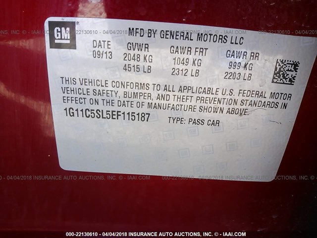 1G11C5SL5EF115187 - 2014 CHEVROLET MALIBU 1LT RED photo 9