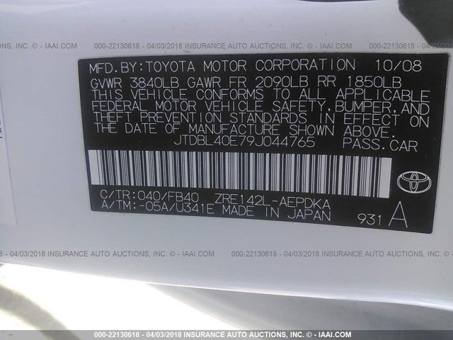 JTDBL40E79J044765 - 2009 TOYOTA COROLLA LE/XLE WHITE photo 9