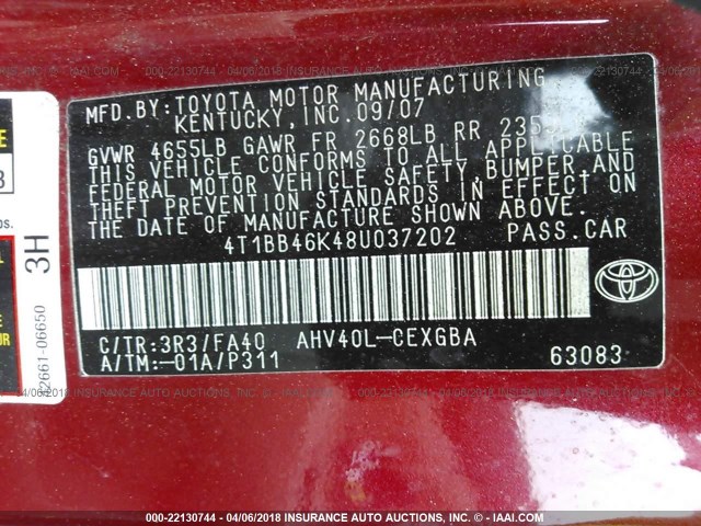 4T1BB46K48U037202 - 2008 TOYOTA CAMRY HYBRID RED photo 9