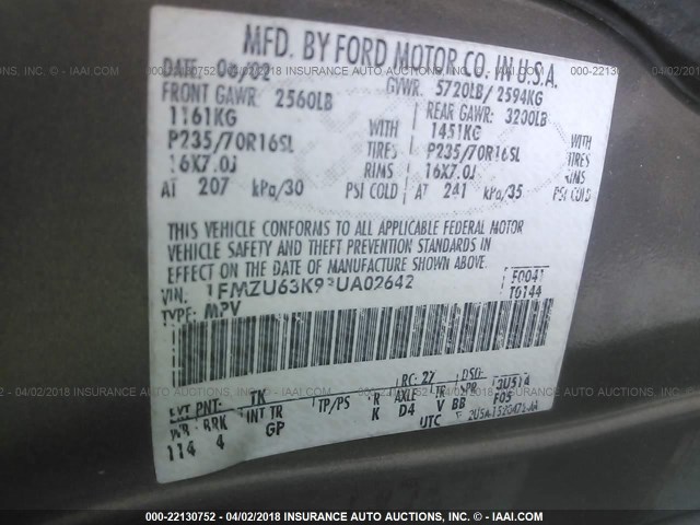 1FMZU63K93UA02642 - 2003 FORD EXPLORER XLT/XLT SPORT/NBX Champagne photo 9