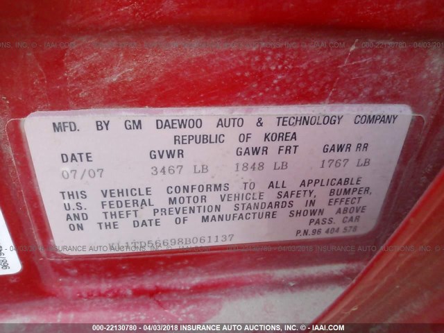 KL1TD56698B061137 - 2008 CHEVROLET AVEO LS RED photo 9