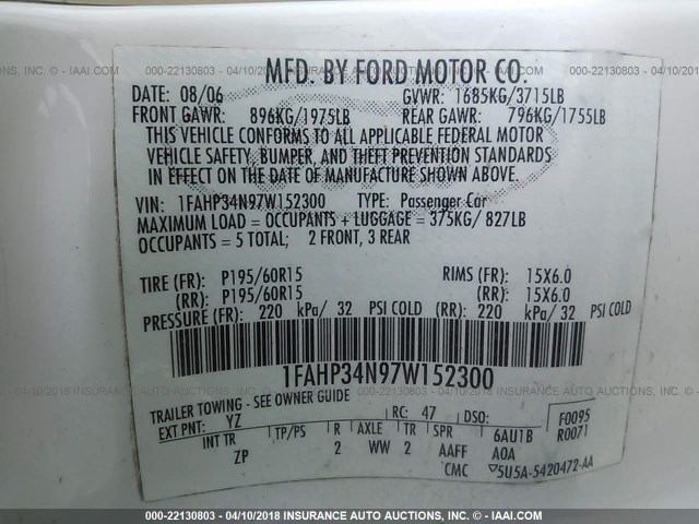 1FAHP34N97W152300 - 2007 FORD FOCUS ZX4/S/SE/SES 白色 照片 9