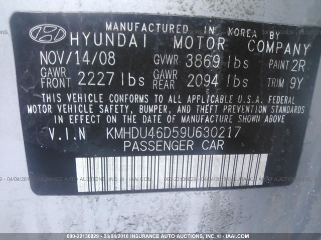 KMHDU46D59U630217 - 2009 HYUNDAI ELANTRA GLS/SE SILVER photo 9