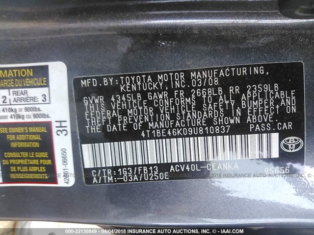 4T1BE46K09U810837 - 2009 TOYOTA CAMRY SE/LE/XLE GRAY photo 9