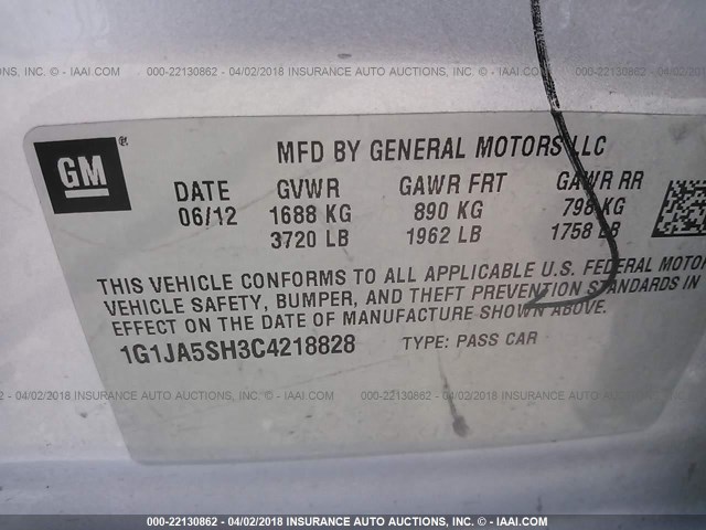 1G1JA5SH3C4218828 - 2012 CHEVROLET SONIC LS SILVER photo 9