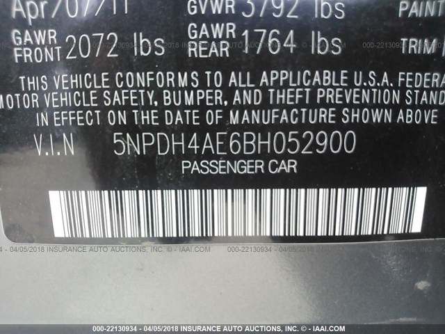 5NPDH4AE6BH052900 - 2011 HYUNDAI ELANTRA GLS/LIMITED GRAY photo 9