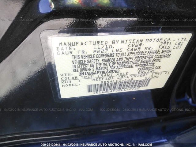 3N1AB6AP7BL640762 - 2011 NISSAN SENTRA 2.0/2.0S/SR/2.0SL BLACK photo 9