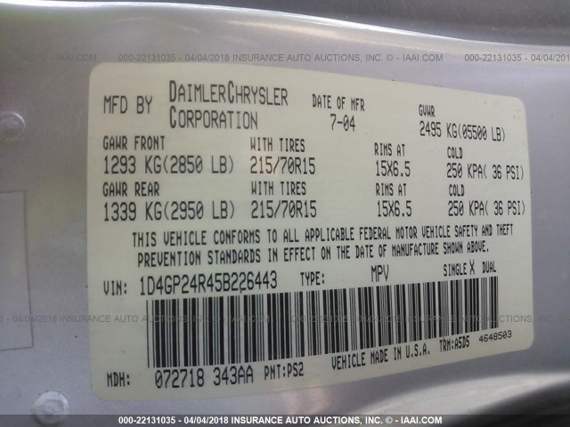 1D4GP24R45B226443 - 2005 DODGE GRAND CARAVAN SE SILVER photo 9