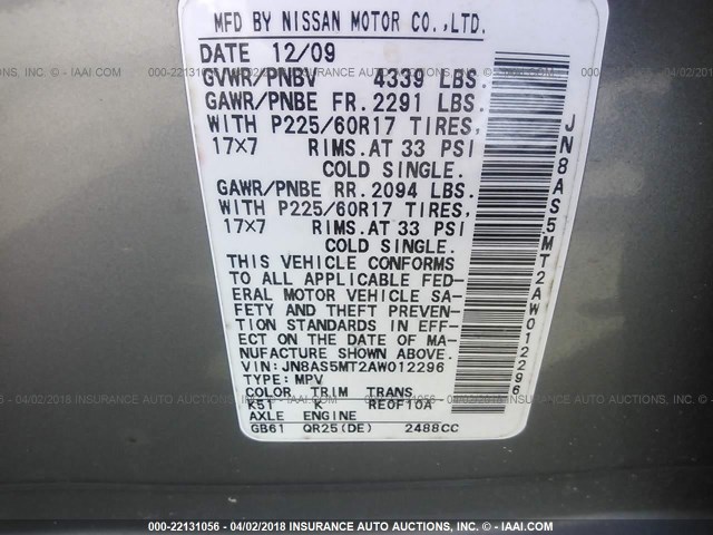 JN8AS5MT2AW012296 - 2010 NISSAN ROGUE S/SL/KROM GRAY photo 9