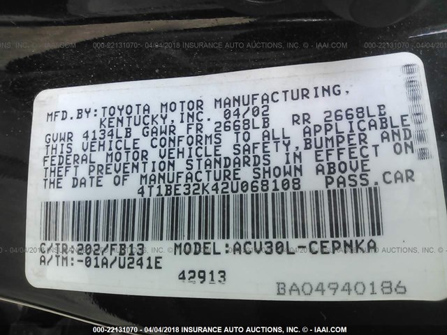 4T1BE32K42U068108 - 2002 TOYOTA CAMRY LE/XLE/SE BLACK photo 9