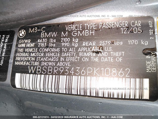 WBSBR93436PK10862 - 2006 BMW M3 SILVER photo 9