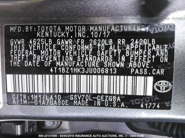 4T1BZ1HK3JU006813 - 2018 TOYOTA CAMRY XSE/XLE Boz foto 9