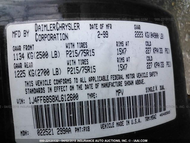 1J4FF68S8XL612600 - 1999 JEEP CHEROKEE SPORT/CLASSIC შავი ფოტო 9