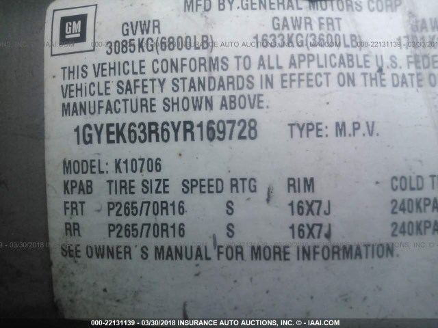 1GYEK63R6YR169728 - 2000 CADILLAC ESCALADE LUXURY Qızıl foto 9