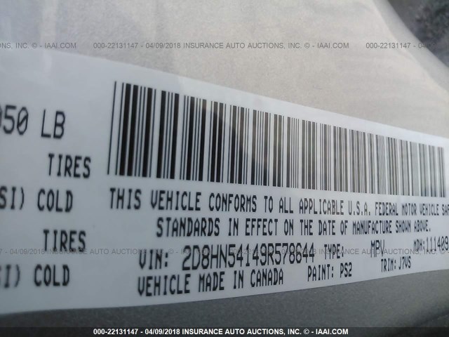 2D8HN54149R578644 - 2009 DODGE GRAND CARAVAN SXT SILVER photo 9