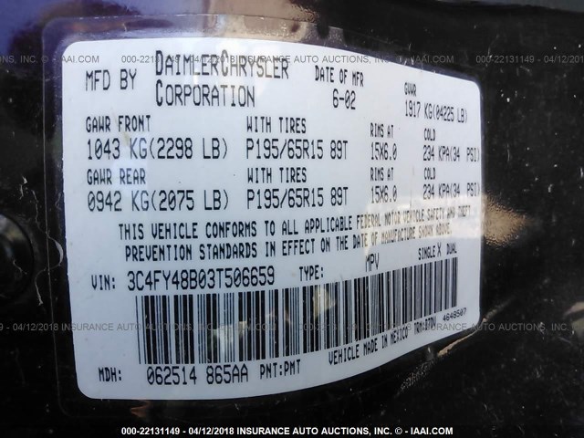 3C4FY48B03T506659 - 2003 CHRYSLER PT CRUISER CLASSIC 紫色 照片 9