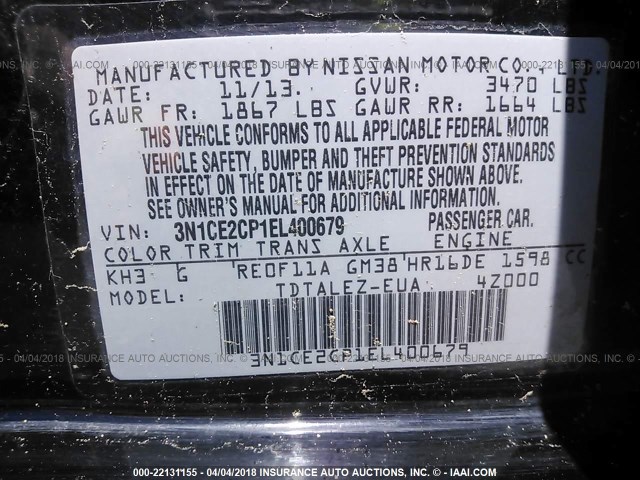 3N1CE2CP1EL400679 - 2014 NISSAN VERSA NOTE S/S PLUS/SV/SL BLACK photo 9