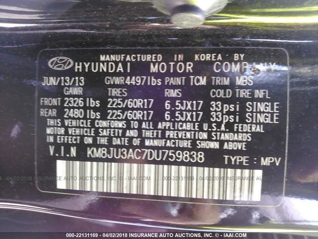 KM8JU3AC7DU759838 - 2013 HYUNDAI TUCSON GLS/LIMITED 黑色 照片 9