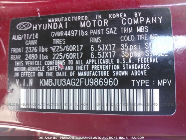 KM8JU3AG2FU986960 - 2015 HYUNDAI TUCSON LIMITED/SE RED photo 9