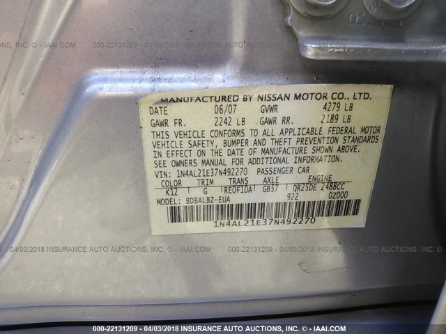 1N4AL21E37N492270 - 2007 NISSAN ALTIMA 2.5/2.5S SILVER photo 9