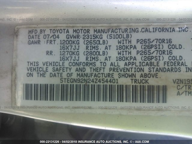 5TEGN92N24Z454401 - 2004 TOYOTA TACOMA DOUBLE CAB PRERUNNER SILVER photo 9