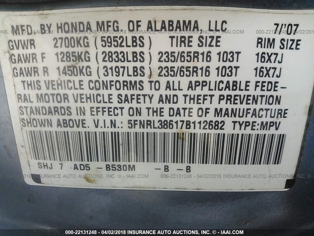 5FNRL38617B112682 - 2007 HONDA ODYSSEY EXL BLUE photo 9