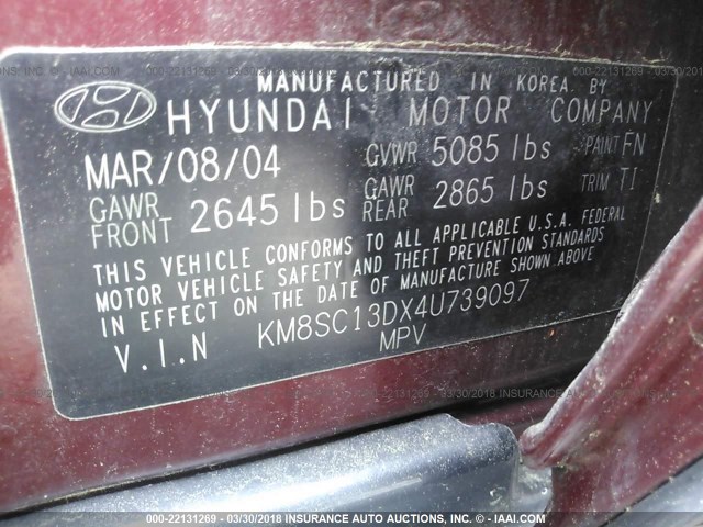 KM8SC13DX4U739097 - 2004 HYUNDAI SANTA FE GLS/LX RED photo 9